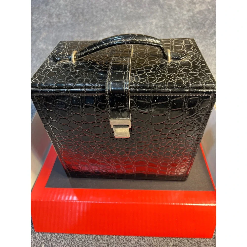Black Faux Croc Embossed Makeup Train Case Jewelry Box with Mirror & Drawers